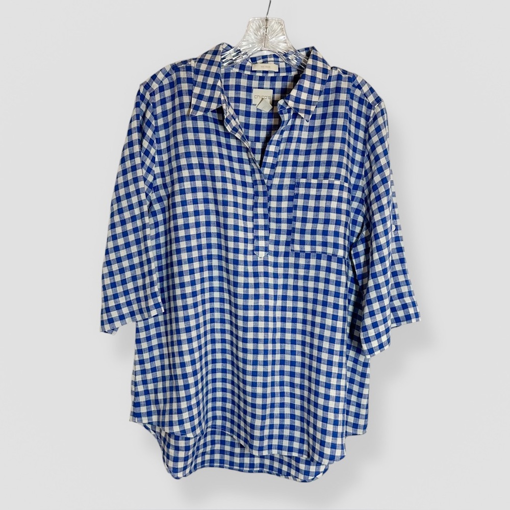 Chico’s Size 2/Large Popover 100% Linen Gingham Plaid Blue Lightweight Casual